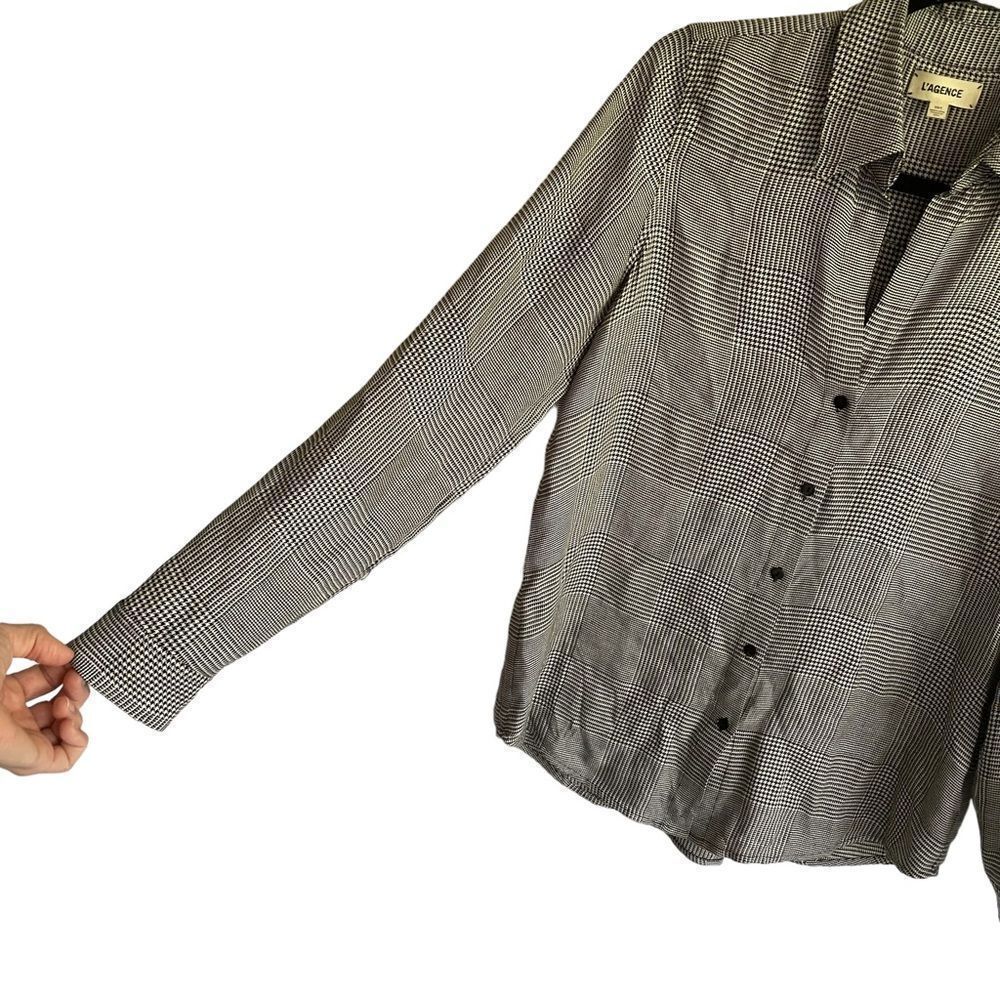 L’AGENCE Checked Button Front Long Sleeve Blouse Black Cream XS - Picture 3 of 6